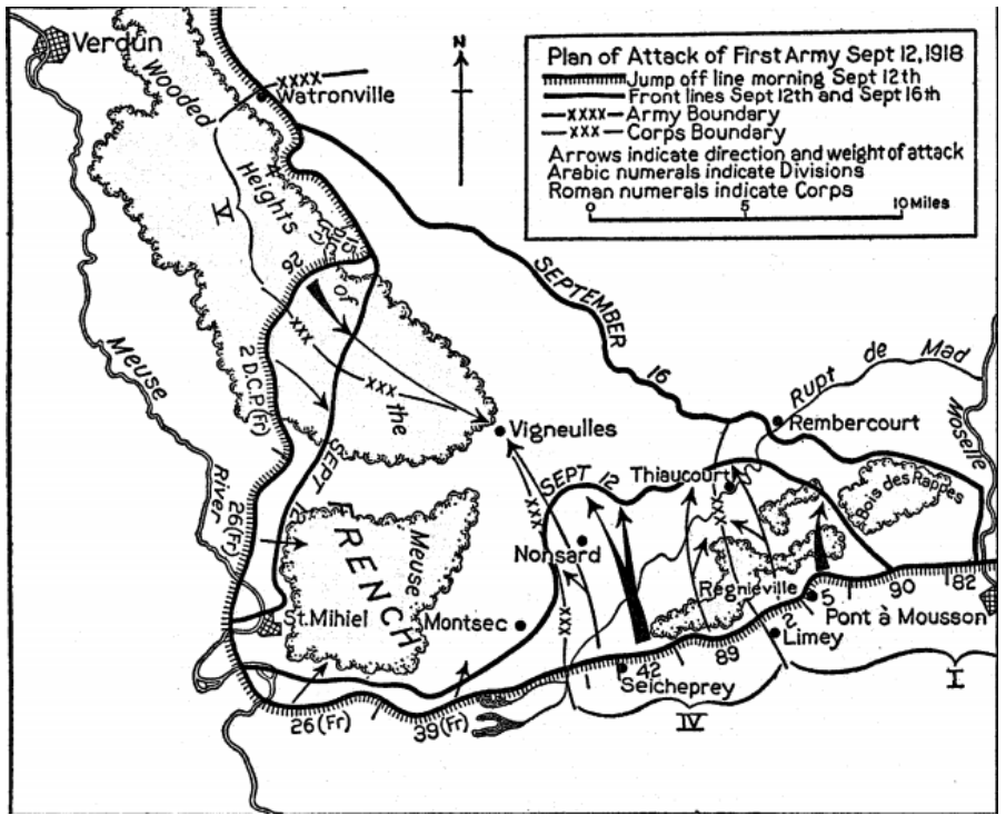 Black and white detailed hand-drawn ma of the 'Plan of Attack of First Army Sept. 12, 1918 at the St. Mihiel salient. Limey and Thiaucort are both visible, as is the specific line of movement of the 2nd. Division.